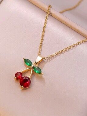 Stainless Steel Cherry Necklace Red Zircon Fruit Pendant Gold Tone